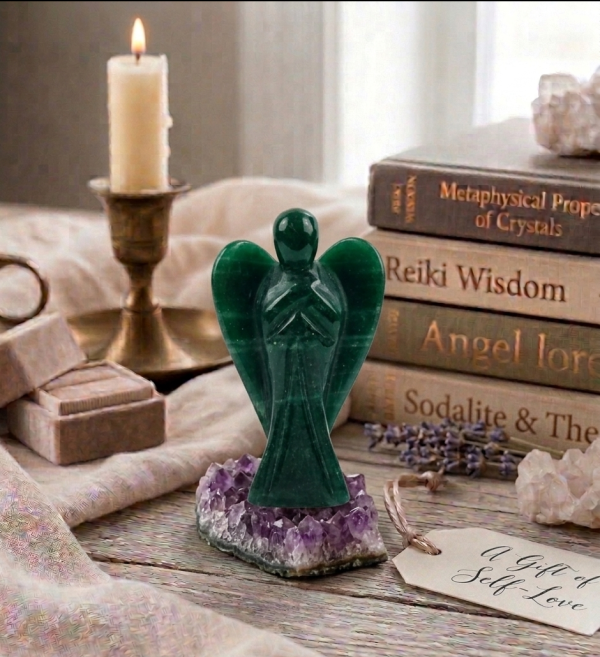 Green Jade Crystal Angel Gemstone Carved Figurine Feng Shui Healing Reiki Craft