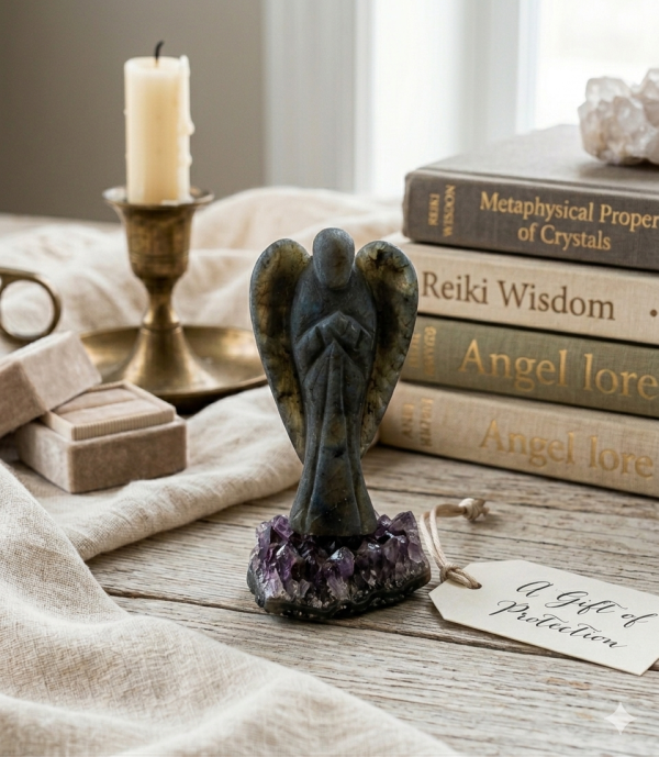 2 Inch Natural Labradorite Large Angel Gemstone Carved Figurine Feng Shui Healing Reiki Craft Gift