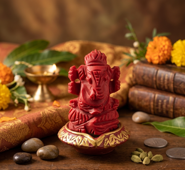 Red handcrafted Ganesha Statue Sculpture Handmade Figurine Man-made Stone Craft Home Decoration