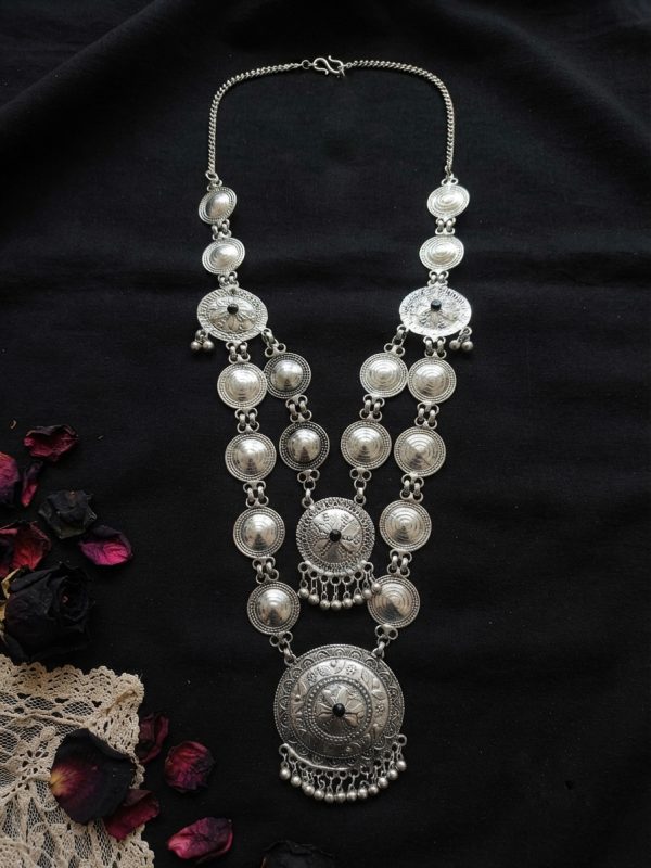 f1690_1 Silver Oxidized Belly Dance Bib Long Womens Party Dance Festival Jewelry