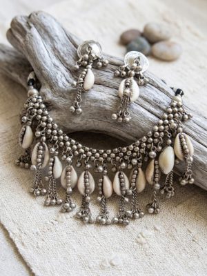 nk5 Vintage Silver Metal Beaded Sea Shell Necklace Choker nk5