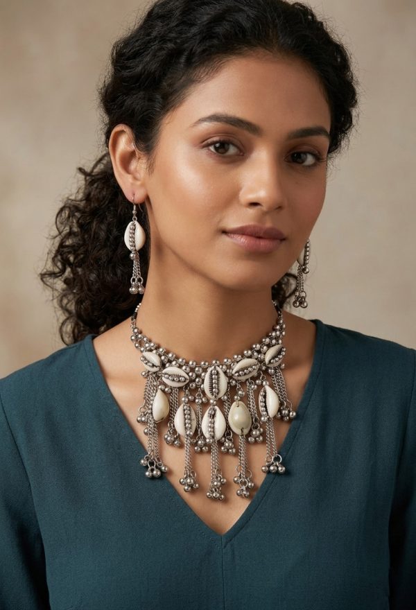 Cowrie Choker Oxidized Necklace f1557