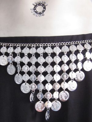 Kandora Silver Plated Oxidized Belly Dance Coin and Chain Belt bt475