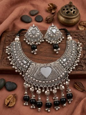 f1310 Women's Silver Oxidized Traditional Ethnic Alloy Jewellery Necklace Set f1310