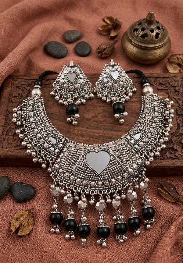 Women's Silver Oxidized Traditional Ethnic Alloy Jewellery Necklace Set f1310