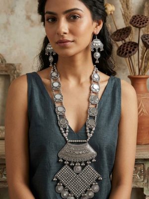Oxidized Silver Plated Classic Style Navratri Necklace Jewellery Set with Earrings for Women/Girls f1473