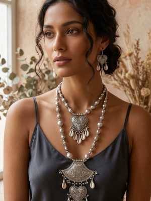 Tribal Designer Oxidised German Silver Plated Navratri Garba Necklace Set with Matching Earring for Girls & Women f1480