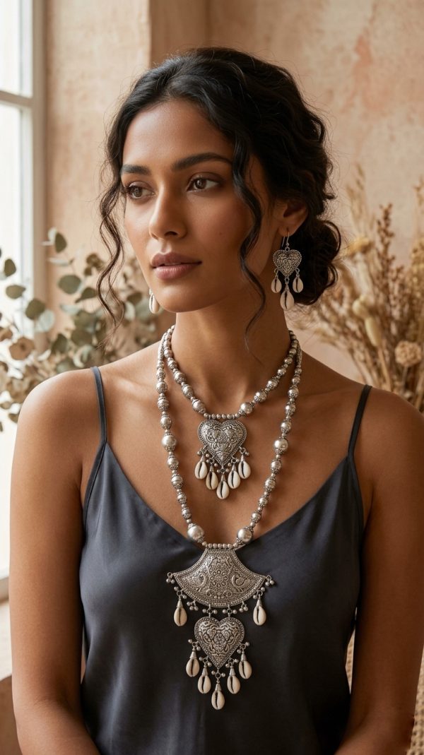 f1480 Tribal Designer Oxidised German Silver Plated Navratri Garba Necklace Set with Matching Earring for Girls & Women f1480