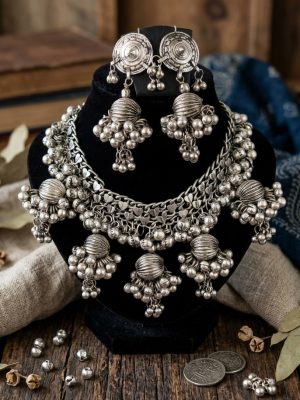Tribal Designer Oxidised German Silver Plated Work Navratri Garba Necklace Set with Matching Earring for Girls & Women f1487