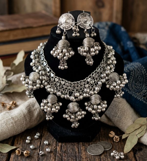 f1487 Tribal Designer Oxidised German Silver Plated Work Navratri Garba Necklace Set with Matching Earring for Girls & Women f1487