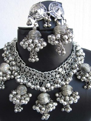 Tribal Designer Oxidised German Silver Plated Work Navratri Garba Necklace Set with Matching Earring for Girls & Women f1487