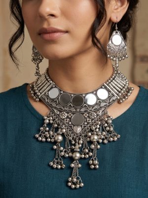 f1594 Garba Navratri Jewellery Sets for Women German Silver Oxidised Afghani Bohemian Necklace Set for Women and Girls f1594