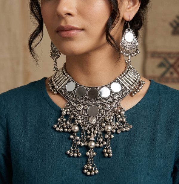 Garba Navratri Jewellery Sets for Women German Silver Oxidised Afghani Bohemian Necklace Set for Women and Girls f1594