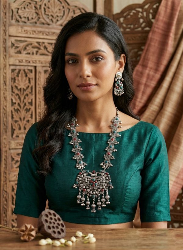 f1657 Women Antique German Silver Oxidised Plated Tribal Jewellery Necklace Earring Set for Women & Girls f1657