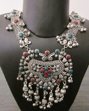 Women Antique German Silver Oxidised Plated Tribal Jewellery Necklace Earring Set for Women & Girls f1657