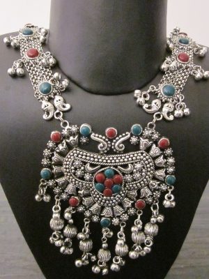 Women Antique German Silver Oxidised Plated Tribal Jewellery Necklace Earring Set for Women & Girls f1657