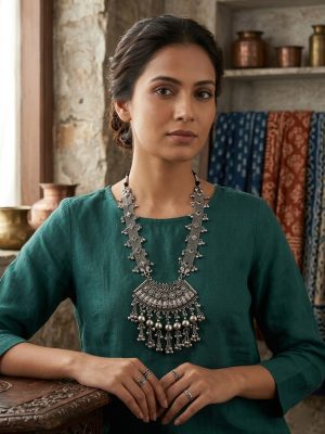 German Silver Oxidized Traditional Latest Fashion Long Necklace with Earrings Jewellery Set for Women and Girls f1662