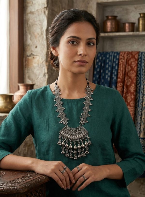 German Silver Oxidized Traditional Latest Fashion Long Necklace with Earrings Jewellery Set for Women and Girls f1662