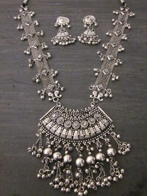 German Silver Oxidized Traditional Latest Fashion Long Necklace with Earrings Jewellery Set for Women and Girls f1662