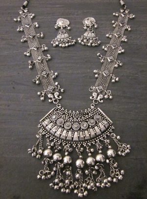 f1662 German Silver Oxidized Traditional Latest Fashion Long Necklace with Earrings Jewellery Set for Women and Girls f1662