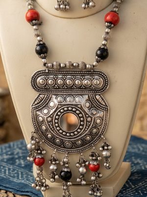 Oxidized Silver Plated Classic Style Navratri Necklace Jewellery Set with Earrings for Women / Girls f227
