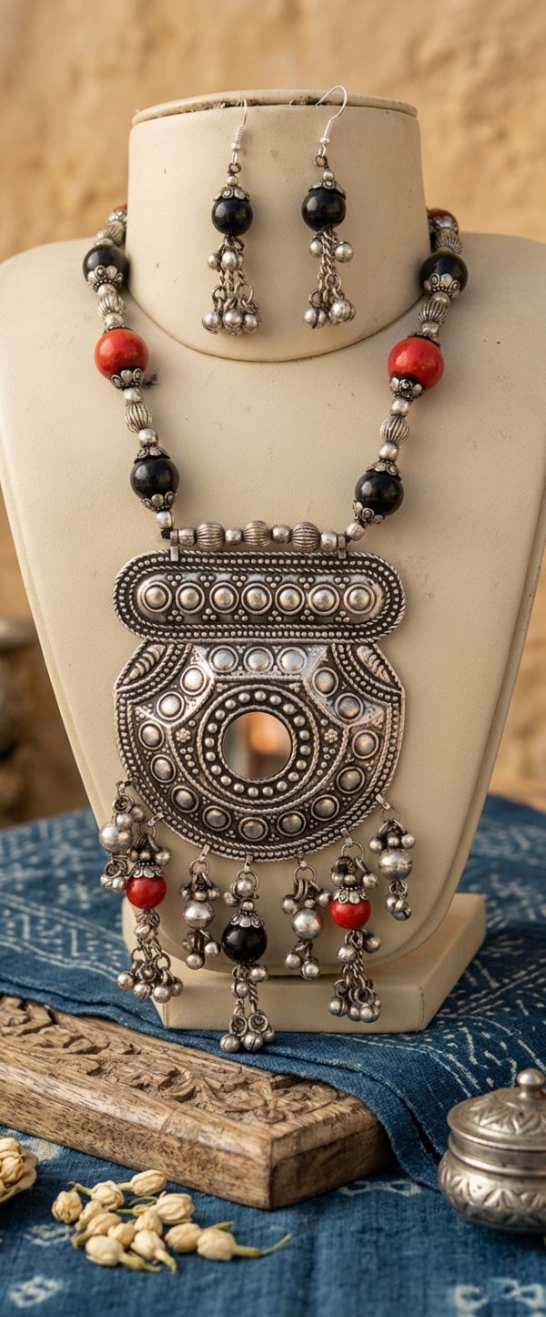 f227 Oxidized Silver Plated Classic Style Navratri Necklace Jewellery Set with Earrings for Women / Girls f227