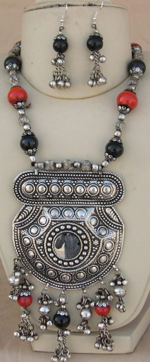 f227 Oxidized Silver Plated Classic Style Navratri Necklace Jewellery Set with Earrings for Women / Girls f227