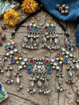 German Silver Traditional Oxidized Chocker Necklace Set Jewelry f326