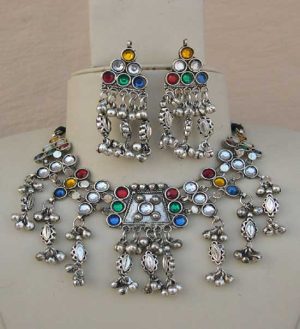 f326 Jewellery Oxidised German Silver Traditional Chocker Necklace Set for Women & Girls Silver f326