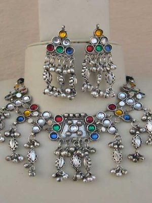 Jewellery Oxidised German Silver Traditional Chocker Necklace Set for Women & Girls Silver f326