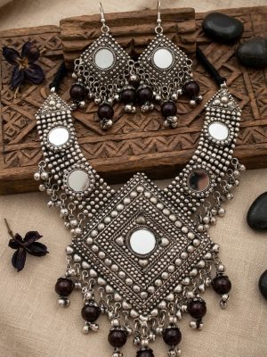 Women's Silver Oxidized Traditional Ethnic Alloy Jewellery Necklace Set f441