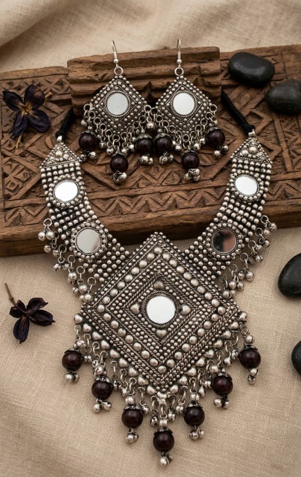 f441 Women's Silver Oxidized Traditional Ethnic Alloy Jewellery Necklace Set f441