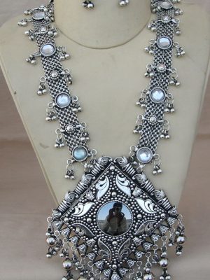 Tribal German Silver Oxidized Long Chain Pendent Necklace f609