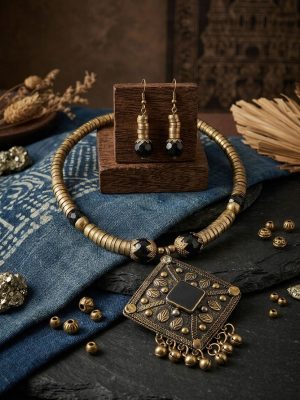 Stylish Navratri Special Golden Oxidized Necklace Jewellery With Earrings Set For Women f667
