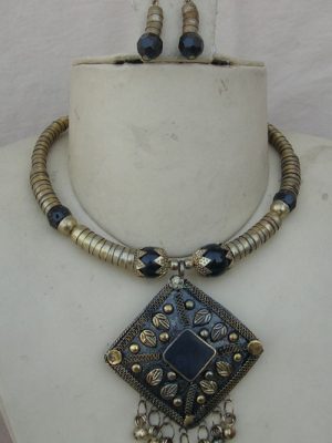 Stylish Navratri Special Golden Oxidized Necklace Jewellery With Earrings Set For Women f667