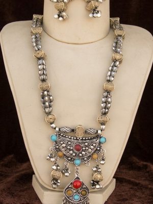 Beaded Necklace Look Oxidized Boho Garba Silver Plated f79
