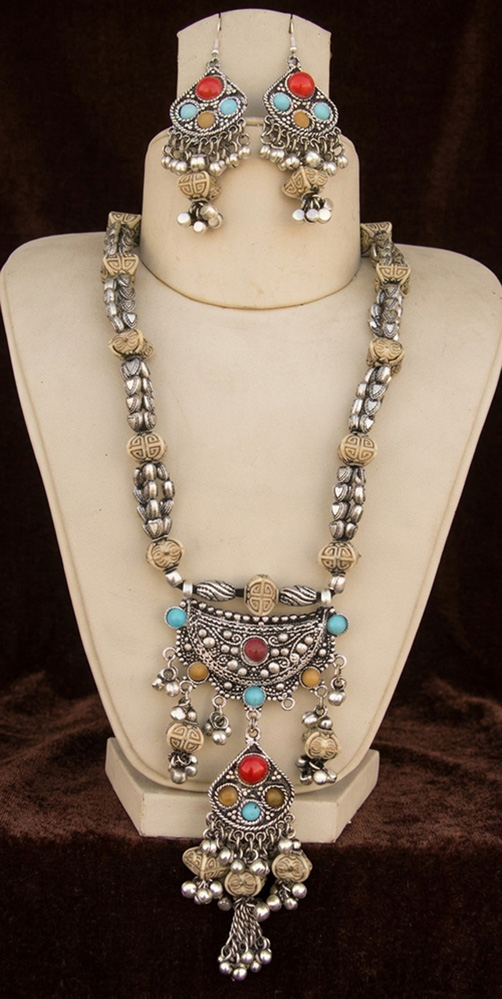 Beaded Necklace Look Oxidized Boho Garba Silver Plated f79
