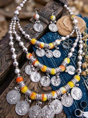 Oxidized Silver Plated Classic Style Navratri Necklace Jewellery Set with Earrings for Women/Girls nk48