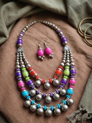 Garba Navratri Jewellery Sets for Women Oxidised Afghani Bohemian Flexi Necklace With Earrings Multi colour for Women and Girls (Multi) nk49