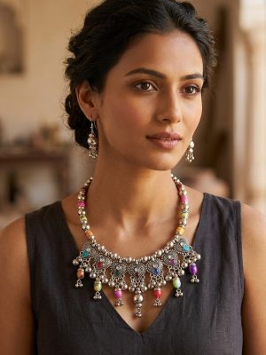 nk77 Fashion Latest Oxidised Silver Tribal Antique Necklace Jewelry Set for Women nk77
