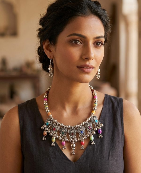 nk77 Fashion Latest Oxidised Silver Tribal Antique Necklace Jewelry Set for Women nk77