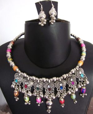 nk77_1 Fashion Latest Oxidised Silver Tribal Antique Necklace Jewelry Set for Women nk77