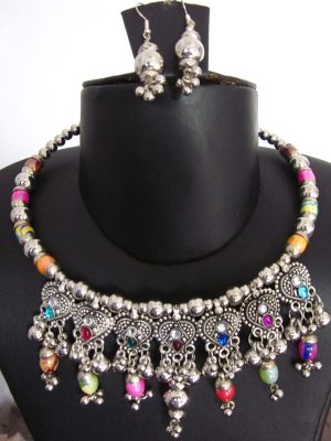 Fashion Latest Oxidised Silver Tribal Antique Necklace Jewelry Set for Women nk77