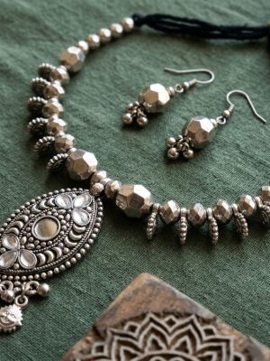 nk78 Fashion Latest Stylish Traditional Oxidised Silver Necklace Jewellery Set for Women nk78