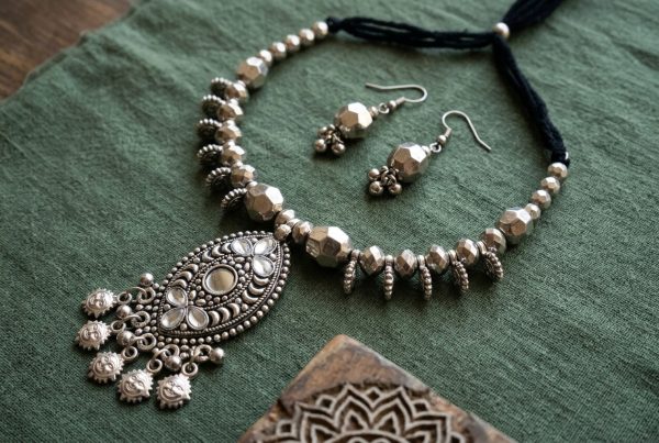 nk78 Fashion Latest Stylish Traditional Oxidised Silver Necklace Jewellery Set for Women nk78