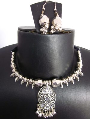nk78 Fashion Latest Stylish Traditional Oxidised Silver Necklace Jewellery Set for Women nk78