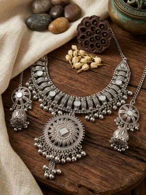 Women's Silver Oxidized Traditional Ethnic Alloy Jewelry Necklace Set y21