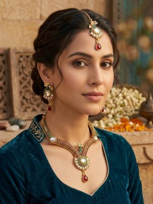 Polki Necklace Earrings Tikka Gold Tone Bridal Kundan Set y3825