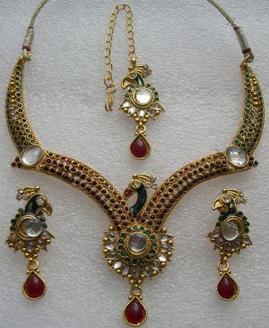 y3825 Polki Necklace Earrings Tikka Gold Tone Bridal Kundan Set y3825