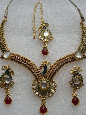 Polki Necklace Earrings Tikka Gold Tone Bridal Kundan Set y3825